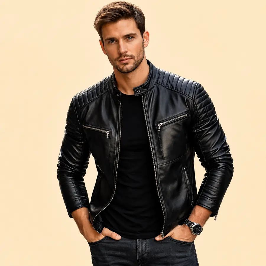 men's slim fit black leather biker jacket
